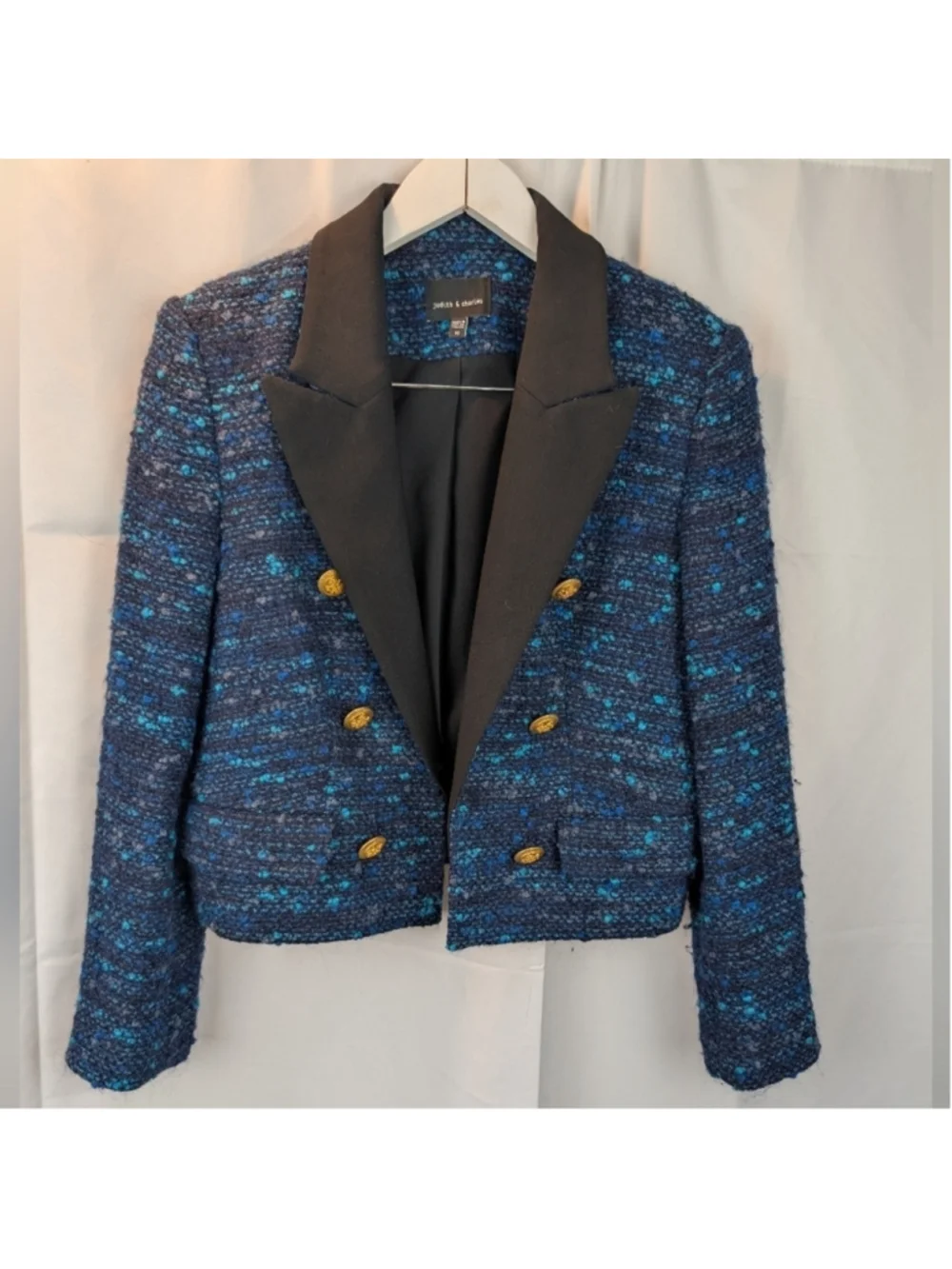 Judith And Charles Women's Blue Tweed Jacket with Black Lapel Size 10(fits small